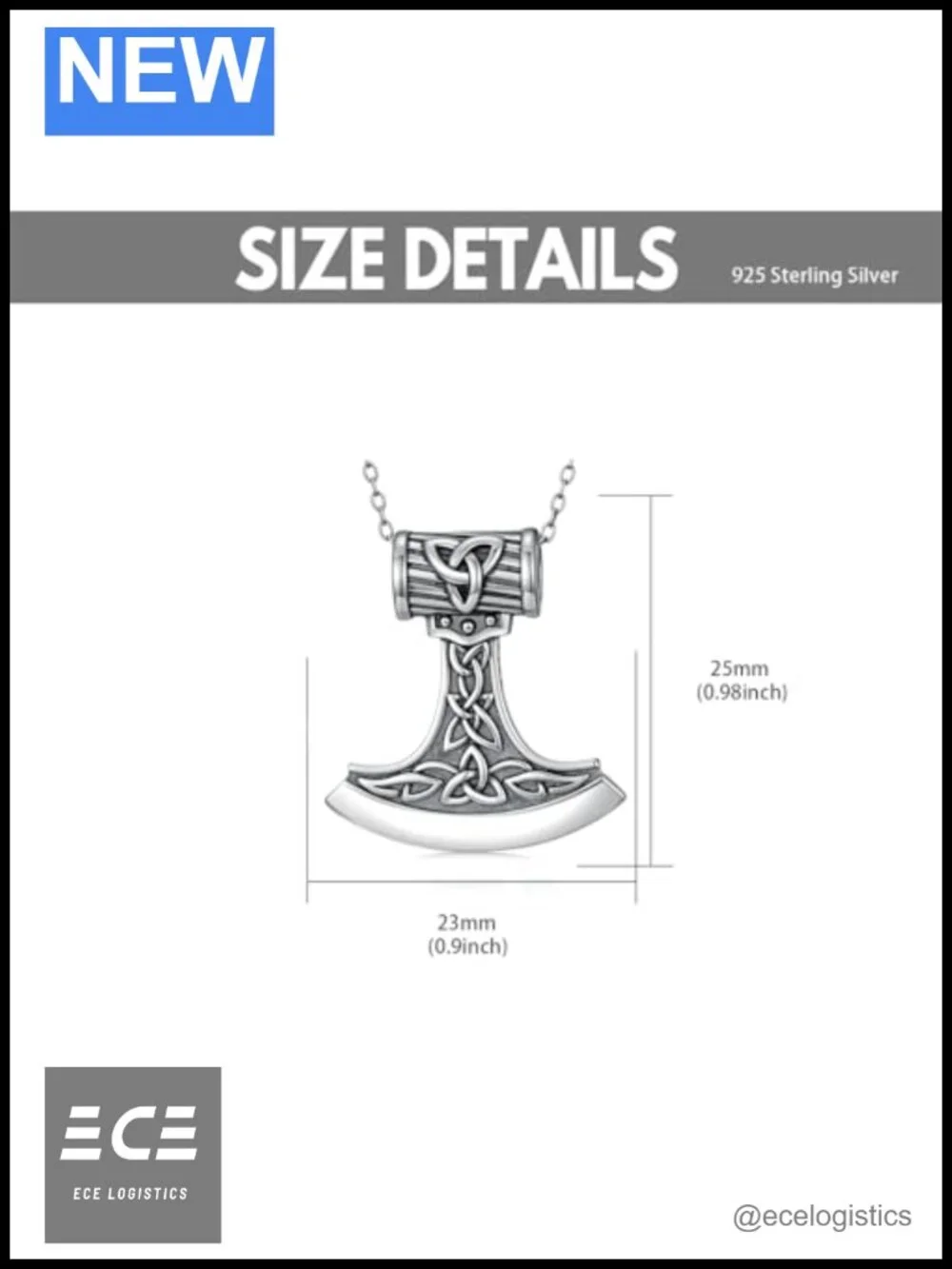 S925 Sterling Silver Celtic Warrior Axe Pendant Necklace 18k White Gold Plated